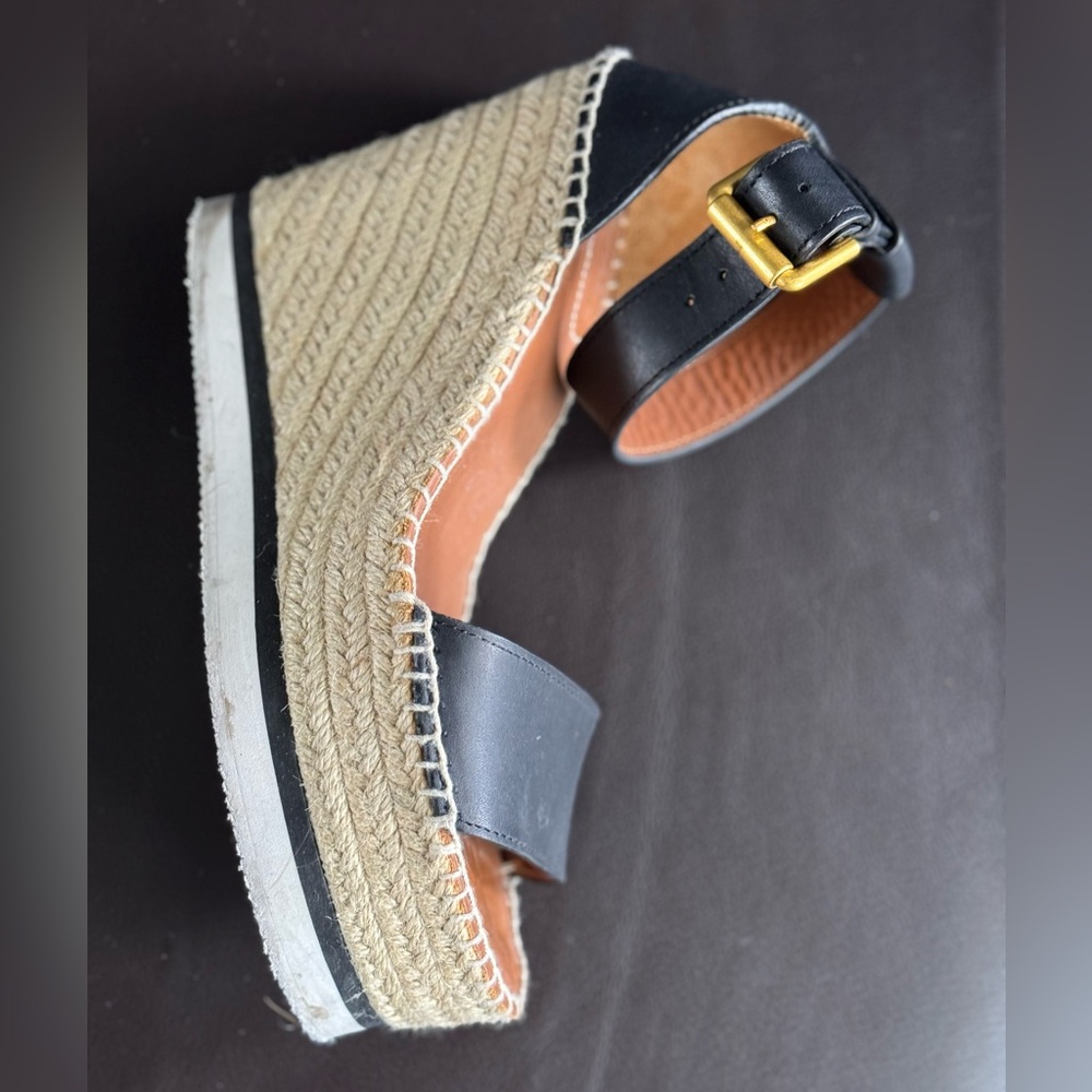 See By Chloe Black Leather Espadrille Wedge Sandal with Gold Buckle - Picture 3 of 8